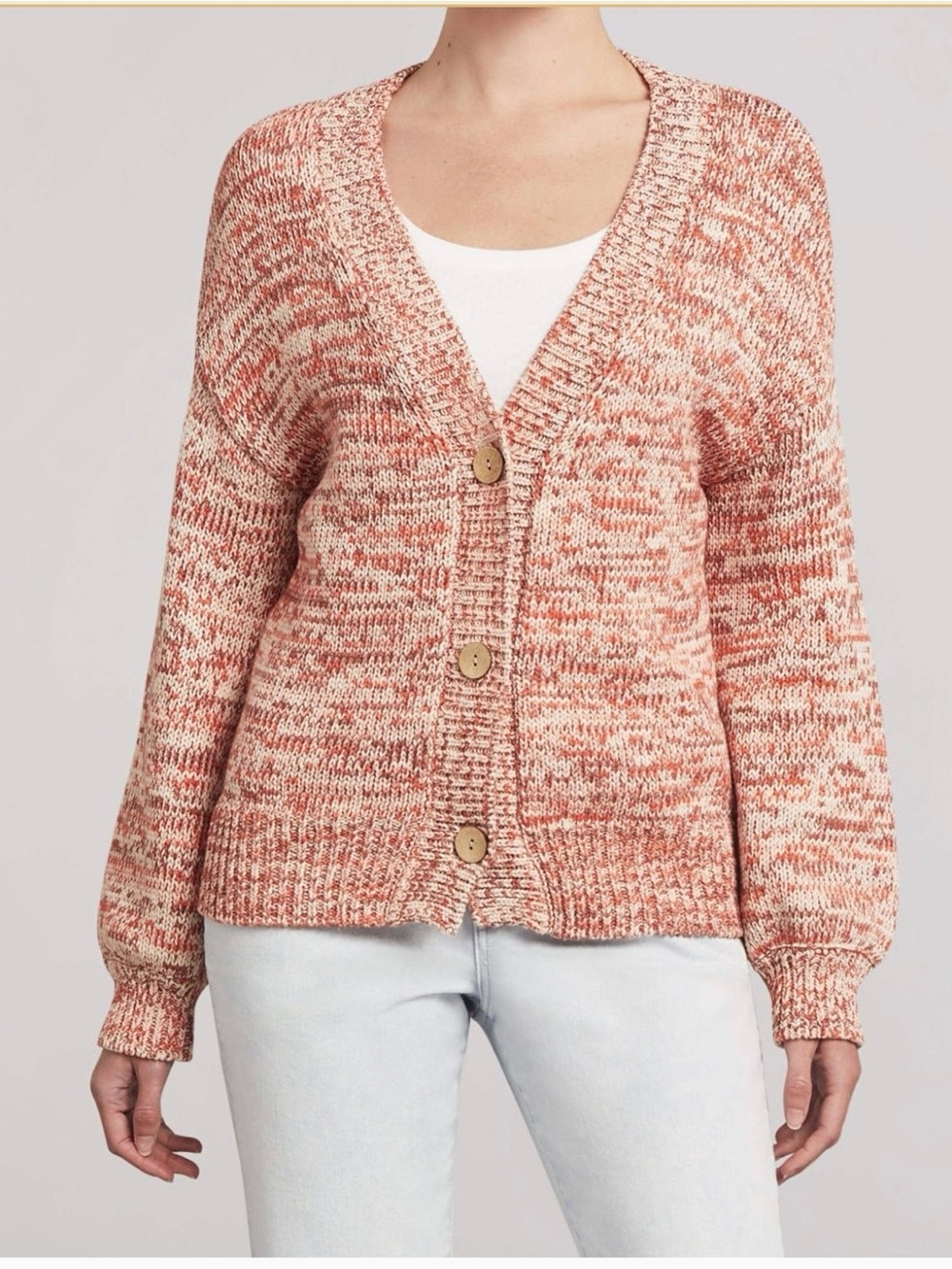 FAHERTY Las Olas Chunky Knit Space Dye Cardigan Sweater L Pink Sky